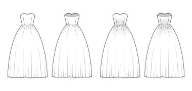 Bir takım Crinoline, uzun, uzun etekli, askısız yakalı, teknik moda resimlerini giyer.