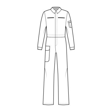 Boilersuit kaplama Dungaree tulumu teknik tasviri tam boy, normal bel, cep, uzun kollu