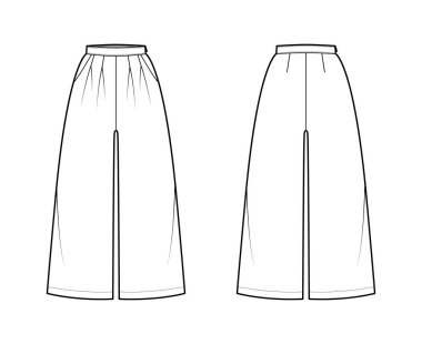 Pantolon culotte palazzo teknik moda illüstrasyon normal bel, yüksek katlı, çift katlı, baldır uzunluğu, geniş bacaklar