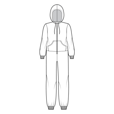 Tulum, tulum, pijama, teknik moda. Uzun, kapüşonlu, fermuarlı, kanguru kesesi.