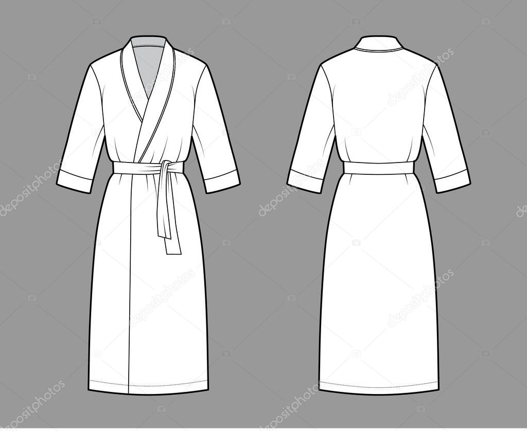 Bathrobe Dressing gown technical fashion illustration with wrap opening, knee length, oversized, tie, elbow sleeves