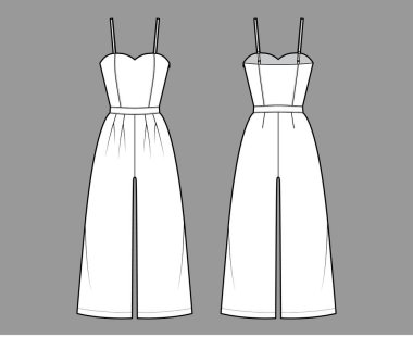 Cami tulumları, ayak bileği uzunluğunda, normal bel, kalkış, kayış, uygun vücut ölçülerinde genel olarak teknik tasvirler içeriyor.