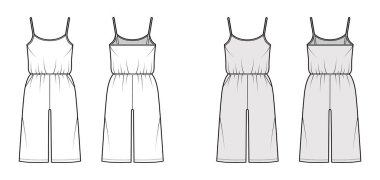 Gecelik tulumu Dungaree. Diz boyu, normal bel ölçüsü, büyük beden, cepleri olan teknik tasvirler.