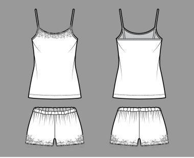 Gecelik dantelli pijama kısa uyku giysisi teknik tasviri kepçe yaka Cami, mini boy, büyük boy. Düz