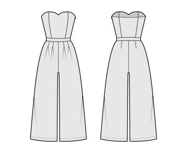 Tulumlar ayak bileği uzunluğunda, normal bel, kalkış, çift katlı, straplez desenli genel teknik moda illüstrasyonuna sahiptir.