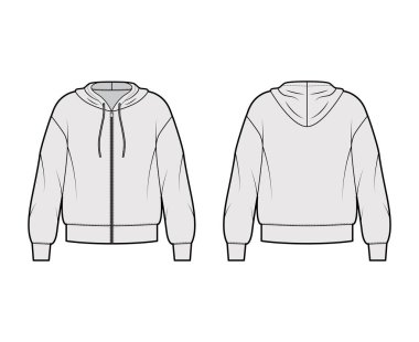 Fermuarlı kapüşonlu kapüşonlu sweatshirt, uzun kollu, büyük beden, bantlı etek, manşet. Düz büyük