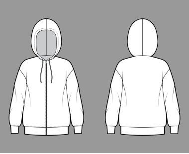 Fermuarlı kapüşonlu kapüşonlu sweatshirt uzun kollu, büyük bedenli, askılı telli teknik moda illüstrasyonu. Düz ekstra büyük