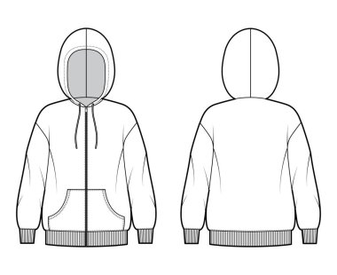 Fermuarlı kapüşonlu kapüşonlu sweatshirt. Uzun kollu, geniş kollu, kanguru kesesi, kaburga bilekliği bantlı.