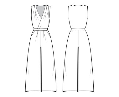 Oyun elbisesi tulumu genel olarak teknik moda illüstrasyonu tam boy, normal bel, yüksek katlı, tek katlı