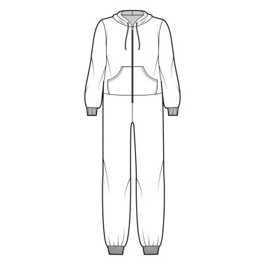 Tulum, tulum, pijama, teknik moda. Uzun, kapüşonlu, fermuarlı, kanguru kesesi.