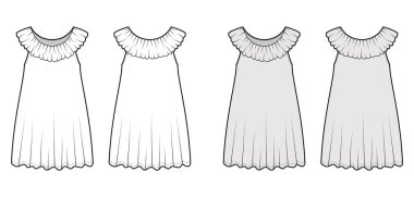 Gecelik elbisesi, pijama, mini boy, fırfırlı yaka, trapez silueti olan teknik moda illüstrasyonu.