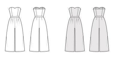 Tulumlar ayak bileği uzunluğunda, normal bel, kalkış, çift katlı, straplez desenli genel teknik moda illüstrasyonuna sahiptir.