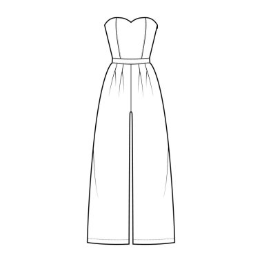 Askısız tulum tam boy, normal bel, yüksek katlı, çift katlı teknik moda illüstrasyonu. Düz