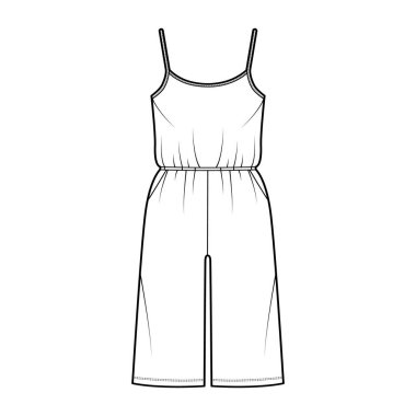 Gecelik tulumu Dungaree. Diz boyu, normal bel ölçüsü, büyük beden, cepleri olan teknik tasvirler.