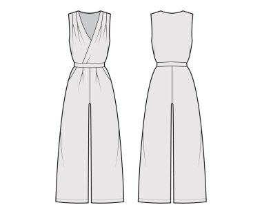 Oyun elbisesi tulumu genel olarak teknik moda illüstrasyonu tam boy, normal bel, yüksek katlı, tek katlı