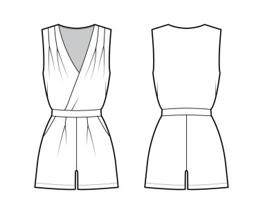 Oyun elbisesi tulumu genel olarak teknik moda illüstrasyonudur. Mini boy, normal bel, yüksek katlı, cepli.