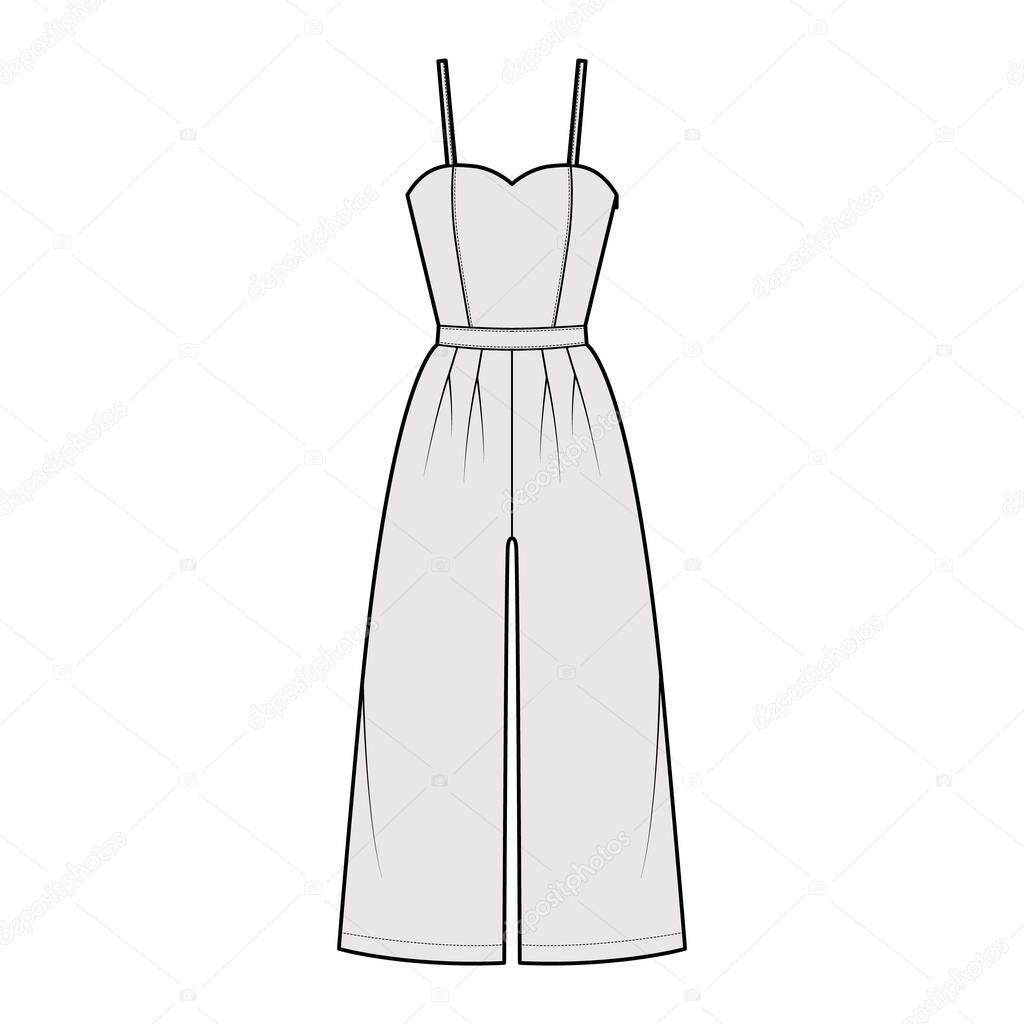 Cami jumpsuits culotte overall technical fashion illustration with ankle length, normal waist, rise, strap, fitted body