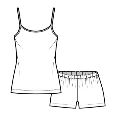 Gecelik kısa pijama kısa gecelik teknik moda illüstrasyonu kepçe yaka Cami, mini boy, düşük bel.