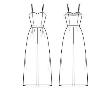 Cami tulumu, tam boy, normal bel, çift katlı, kayışlı, tam donanımlı teknik tasvir.