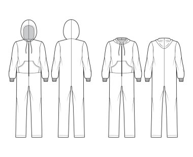 Kapüşonlu, fermuarlı, kanguru kesesi olan tulum takımı, pijama takımı teknik moda illüstrasyonu.