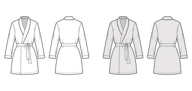 Bornoz giydirme teknik moda illüstrasyonları, mini boy, büyük boy, kravat, uzun kollu.
