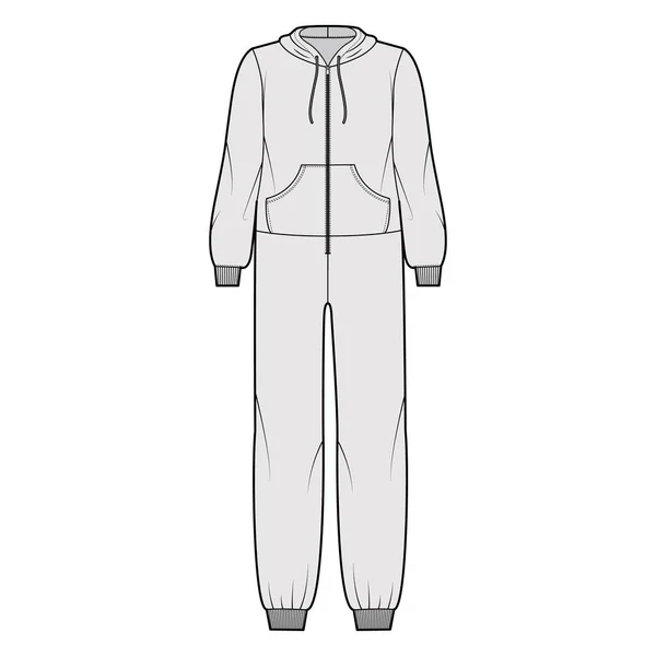 One overall jumpsuit sleepwear technical fashion illustration with full length, hood, zipper closure, kangaroo pouch — стоковый вектор