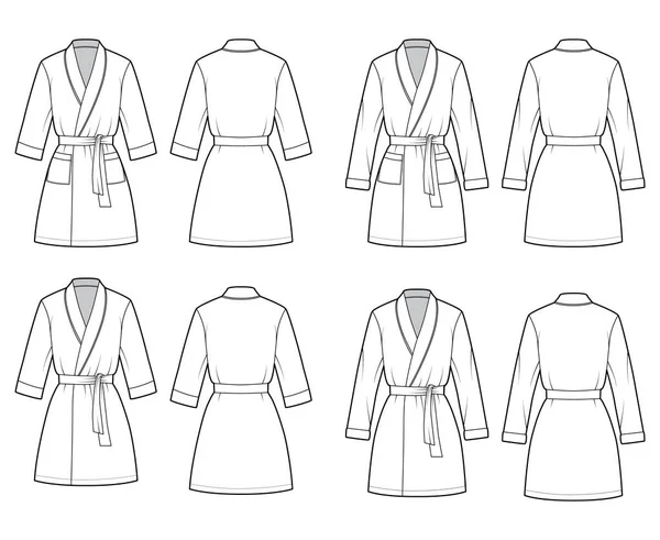 Zestaw szlafroków Sukienka techniczna moda ilustracja z otworem owijania, długość mini, krawat, łokieć długie rękawy. — Wektor stockowy
