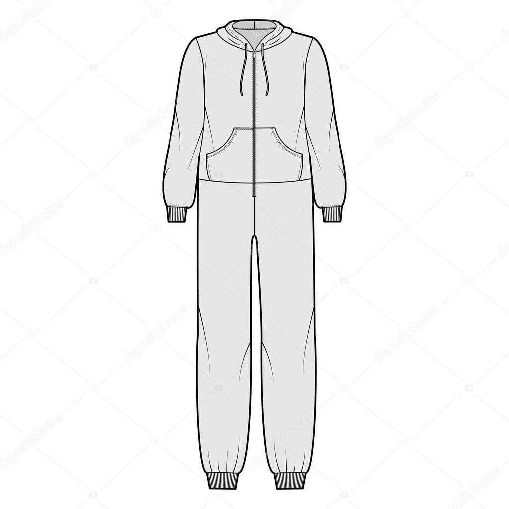 Onesie overall jumpsuit sleepwear technical fashion illustration with full length, hood, zipper closure, kangaroo pouch