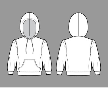 Kapüşonlu sweatshirt, dirsek kollu, rahat vücut, kanguru kesesi, bantlı etek, askılı tel.