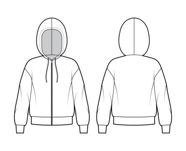 Fermuarlı kapüşonlu kapüşonlu sweatshirt, uzun kollu, büyük beden, manşet, askılı ip. Düz giysi.