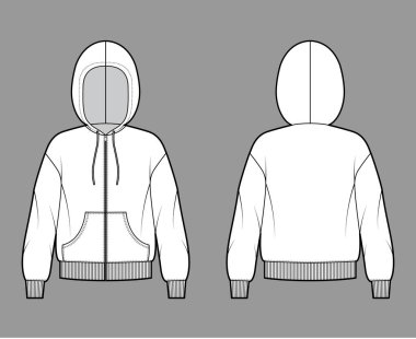 Fermuarlı kapüşonlu kapüşonlu sweatshirt, uzun kollu, büyük beden, kanguru kesesi, örgü kaburga manşet, hem