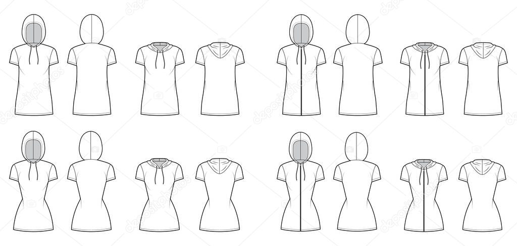 Set of Zip-up Hoody dresses technical fashion illustration with short sleeves, mini length, oversized, fitted body
