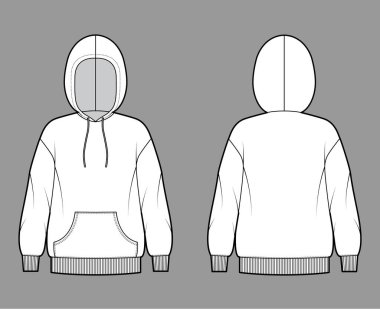 Kapüşonlu sweatshirt, uzun kollu, büyük beden, kanguru kesesi, pirzola manşeti, bantlı.