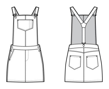 Dungaree elbisesi Denim tulumu, mini boy, normal bel, yüksek atlama, cepleri olan teknik tasvirler.