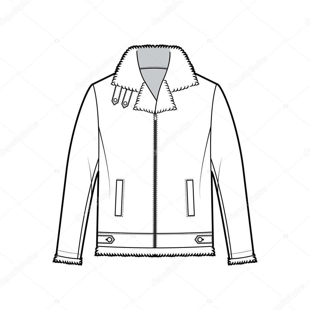 Zip-up Bomber leather jacket technical fashion illustration with fur shearing, oversized, long sleeves, welt pockets