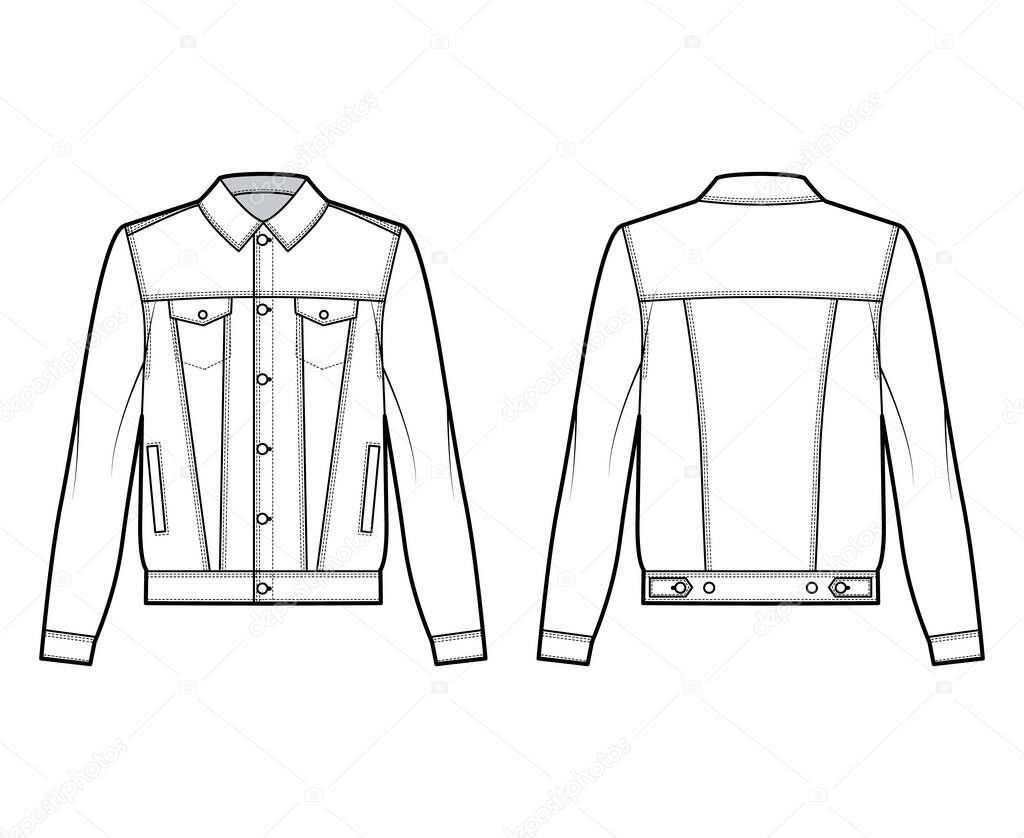 Standard denim jacket technical fashion illustration with oversized body, flap welt pockets, classic collar, long sleeve