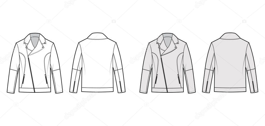 Zip-up biker jacket technical fashion illustration with zip front fold-over lapels collar, welt pockets, moto details