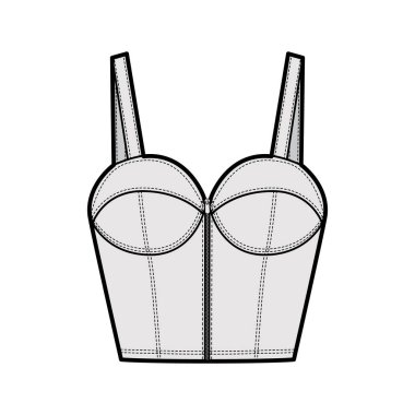 İnce kayışlar, fermuar kapama, fincanlar, ince kesim, bel uzunluğu ile Denim bütier üst moda illüstrasyon.