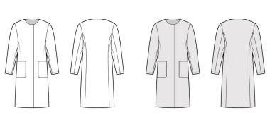 Uzun kollu, geniş beden, diz boyu, yama cepli, gizli kapaklı deli gömleği.