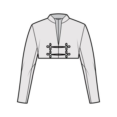 Spencer ceketi, ekin uzunluğu, uzun kollu moda illüstrasyonu, yaka, düğme kurbağa kapama ceketi.