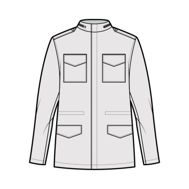 M-65 saha ceketi, büyük boy, yakalı, kapüşonlu, cepli, apoletli teknik tasvirler.