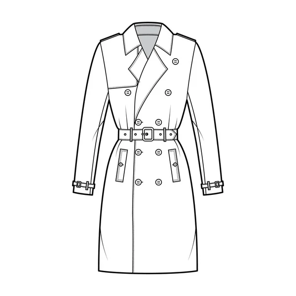 Trenchcoat teknisk mode illustration med bälte, dubbelknäppt, monterad, napoleon bred lapel krage, knälängd — Stock vektor