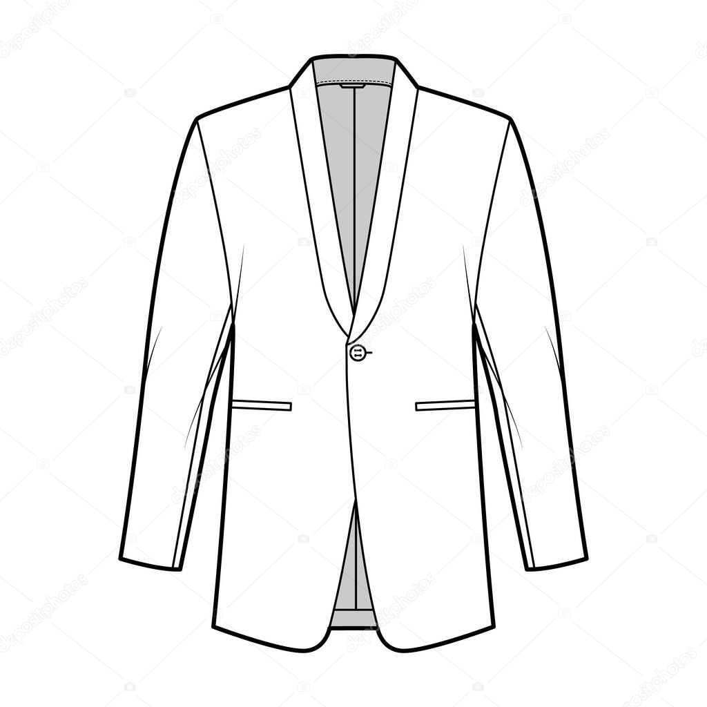 Dinner jacket tuxedo suit technical fashion illustration with long sleeves, shawl lapel collar, welt pocket, regular cut