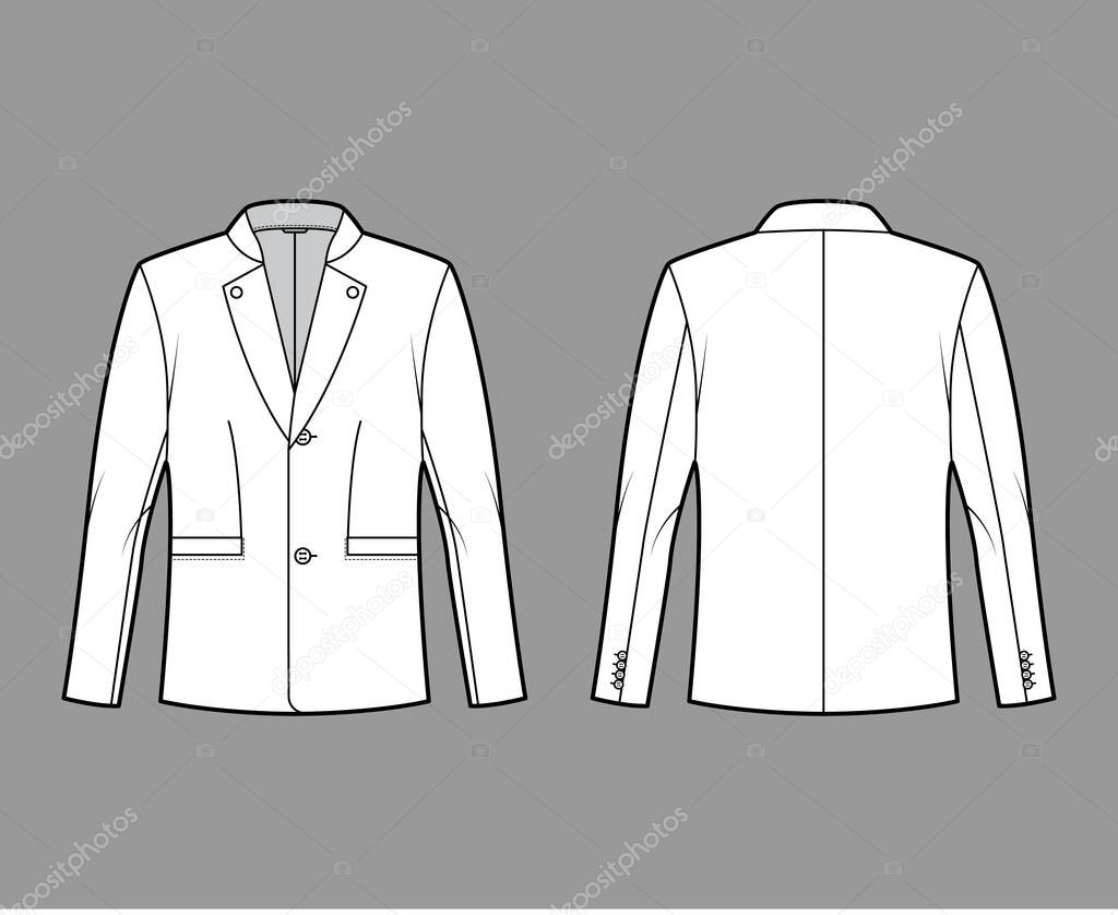 Tyrolean jacket tuxedo technical fashion illustration with long sleeves, stand lapel collar, welt pockets. Flat Austrian