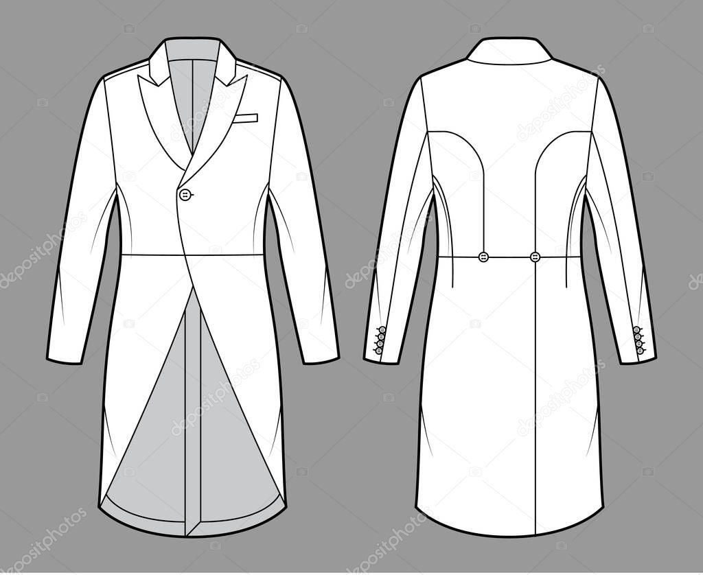 Morning coat jacket technical fashion illustration with long sleeves, peaked lapel collar, cutaway front, welt pocket.