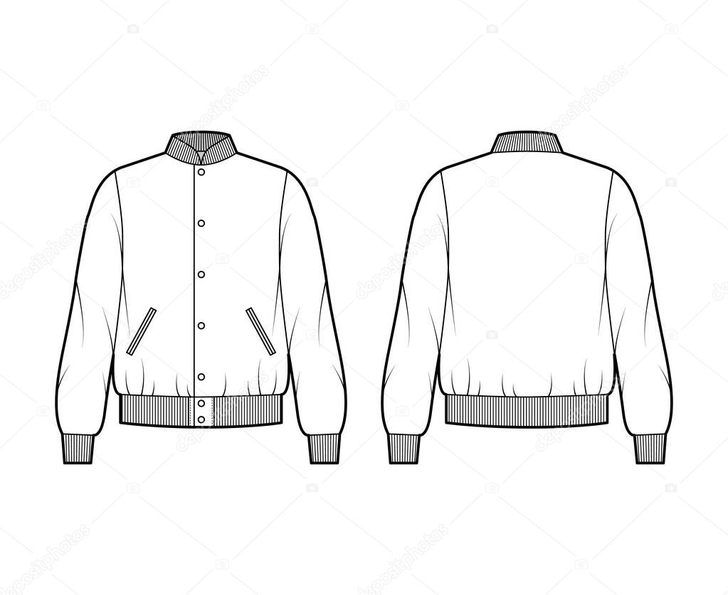 Varsity Bomber jacket technical fashion illustration with Rib baseball collar, cuffs, jetted pockets, buttons fastening