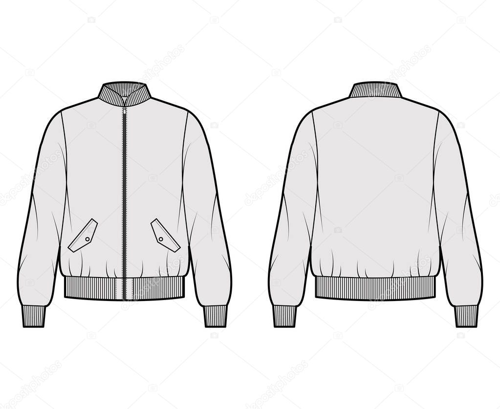 Zip-up Bomber ma-1 flight jacket technical fashion illustration with Rib collar, cuffs, waist, oversized, long sleeves