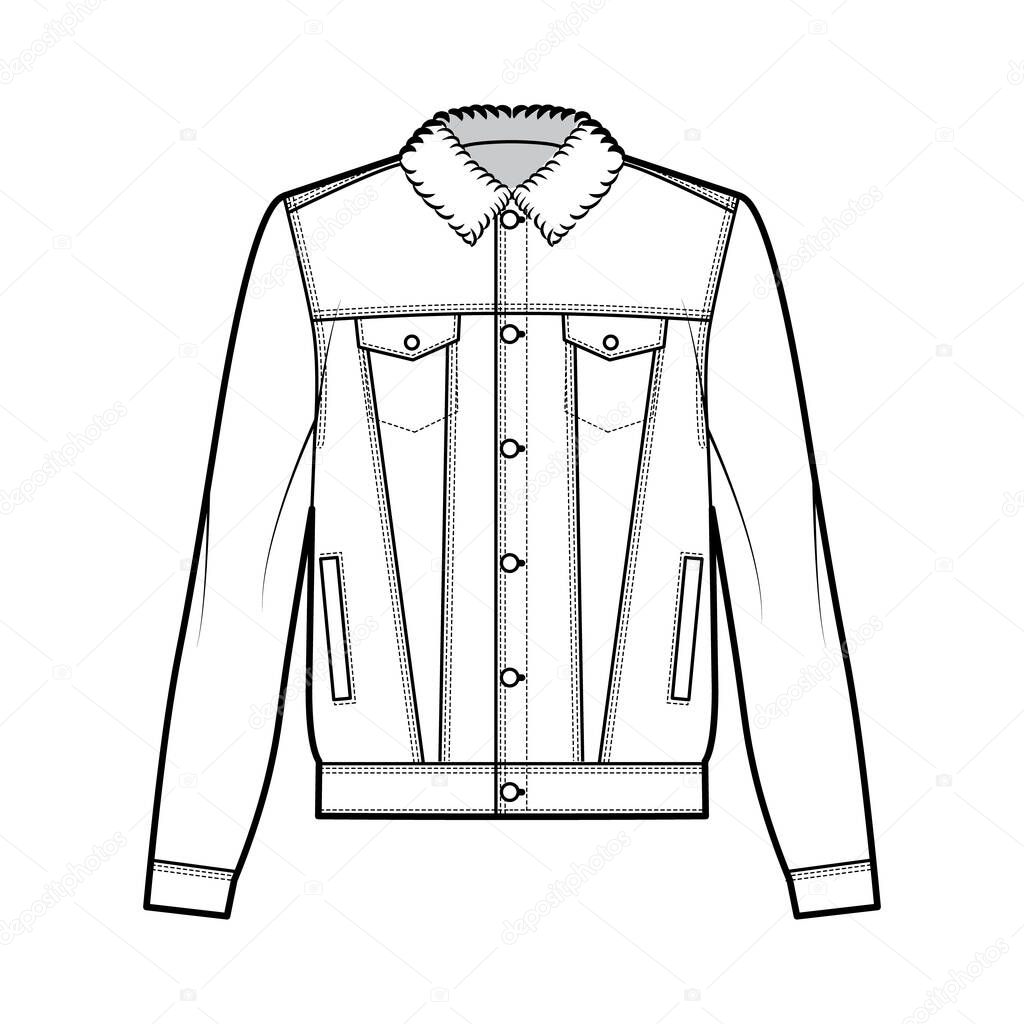 Sherpa lined denim jacket technical fashion illustration with oversized body, flap pockets, button closure, long sleeves