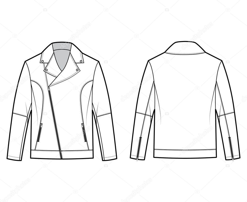 Zip-up biker jacket technical fashion illustration with zip front fold-over lapels collar, welt pockets, moto details