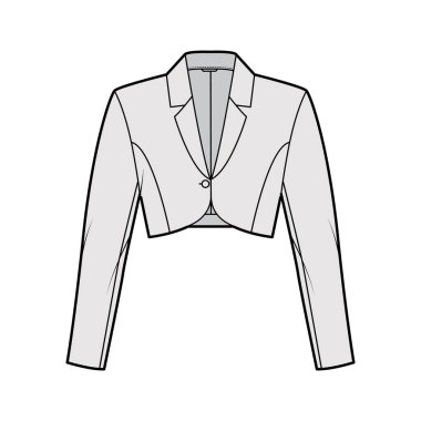 Bolero ceketi, bel uzunluğu, uzun kollu, çentik yakalı, düğme kapaklı teknik tasvirler. Düz